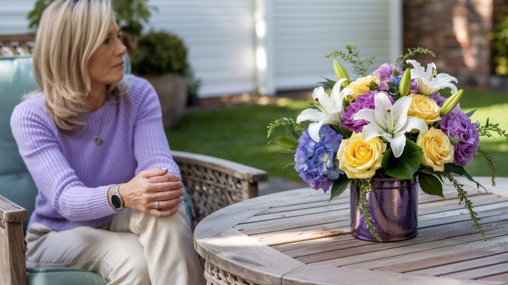 A late 40s, blonde mother sits in a patio chair having a conversation on Mother's Day. She is wearing a light purple spring sweater and cream-colored pants. It is a beautiful, but slightly cool spring morning in Woodridge, IL.